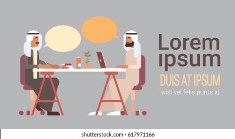 Arab Business Man Talking Discussing Chat Communication Sitting at Office Desk Flat Vector Illustration