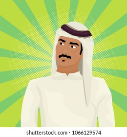 Arab Business Man In Traditional Clothes Looking Up Over Retro Comic Background