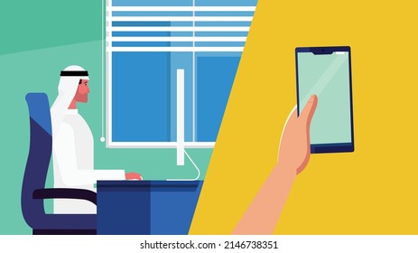 Arab Business Man Using computer In Modern Office Flat Vector Illustration and hand using smart phone