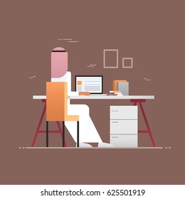 Arab Business Man Using Laptop Computer Back Rear View Muslim Entrepreneur In Modern Office Flat Vector Illustration