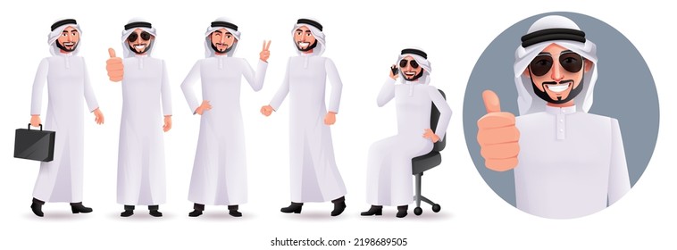 Conjunto de caracteres vectoriales del hombre de negocios árabe. Personajes del patrón masculino árabe con pulgares hacia arriba y de pie pose y gestos para el diseño profesional de la colección emirati. Ilustración vectorial.
