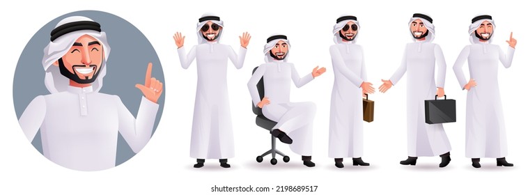 Arab business man vector character set. Arabian male characters with bag element and professional gestures isolated in white background for investor collection design. Vector illustration.
