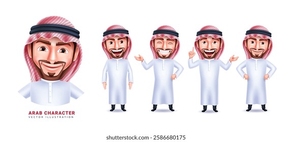 Arab business man vector character set. Arabian male characters in happy facial expression isolated in white background for investor collection design. Vector illustration.
