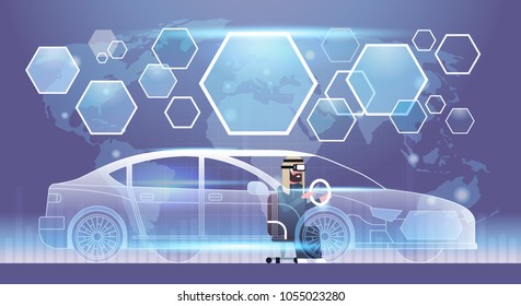 Arab Business Man In Vr Headset Driving Virtual Car Innovation Visual Technology Reality Glasses Concept