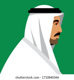 Arab business man wearing UAE traditional dress. Elderly man with beard. Male portrait, Side view, head, shoulders. Resident Middle East. Modern vector illustration