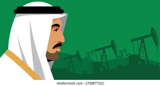 Arab business man wearing UAE traditional dress. Green background with oil pumps. Male portrait, side view. Concept of Middle East, oil industry, oil production, stock market. Modern flat style.