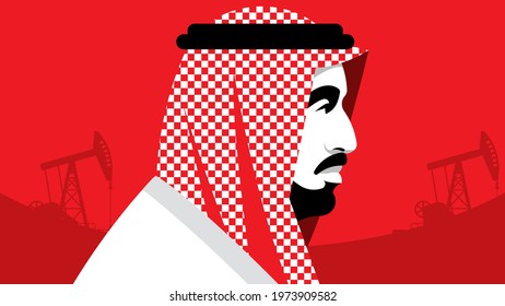 Arab Business Man wearing UAE Traditional Dress. Red background with oil pumps. Male portrait, side view. Concept of Middle East, oil industry, oil production, stock market. Modern flat style.