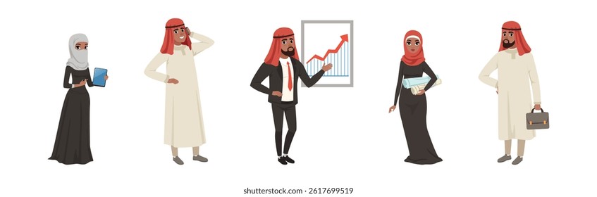 Arab Business Man and Woman Character in National Clothes Vector Set