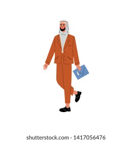Arab Business Man Working with Briefcase, Office Employee, Entrepreneur or Manager Character Vector Illustration