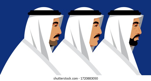 Arab business men wearing UAE traditional dress. Three male person different ages: young, adult, mature. Side view, head, shoulders. Resident Middle East. Modern vector illustration