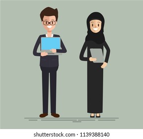 arab business people character teamwork and meeting. businessman and businesswoman in job.