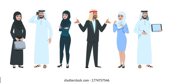 Arab business people. Elegant saudi woman and man in formal clothes. Isolated muslim female male cartoon characters. Arabic group persons, businessman team vector illustration