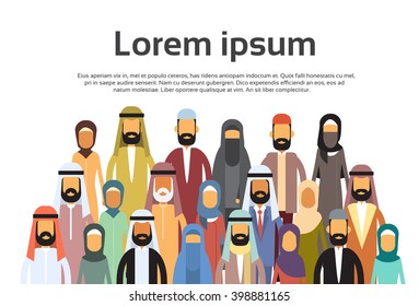 Arab Business People Group, Arabic Crowd Team Copy Space Flat Vector Illustration