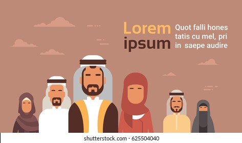 Arab Business People Group, Arabic Crowd Team Copy Space Flat Vector Illustration