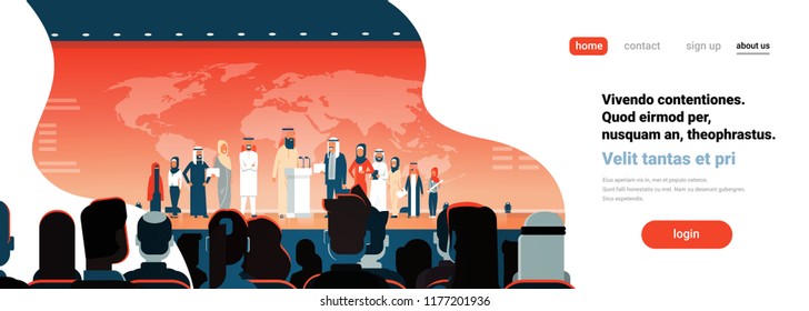 Arab business people group conference meeting presentation over world map background team arabian speakers corporate training report concept flat copy space horizontal banner vector illustration