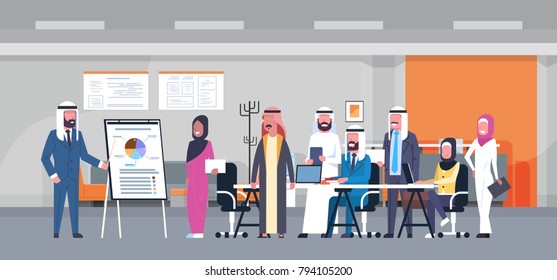 Arab Business People Group Meeting Presentation Flip Chart With Finance Data, Muslim Businesspeople Team Training Brainstorming In Modern Office Flat Vector Illustration