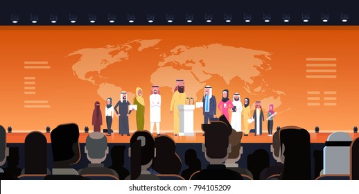 Arab Business People Group On Conference Meeting Or Presentation Over World Map Background Team Of Arabian Speakers Corporate Training Or Report Concept Flat Vector Illustration