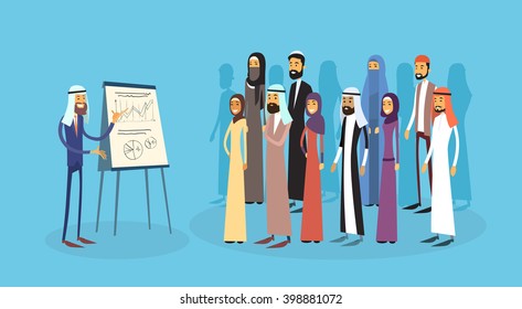 Arab Business People Group Presentation Flip Chart Finance, Arabic Businesspeople Team Training Conference Muslim Meeting Flat Vector Illustration