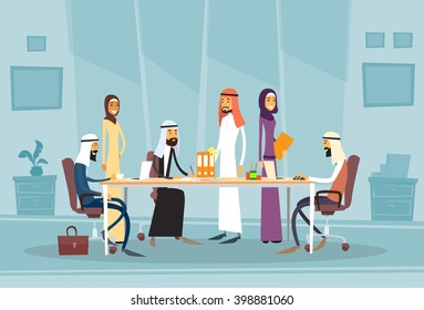 Arab Business People Meeting Discussing Office Desk Muslim Arabic Businesspeople Working Flat Vector Illustration