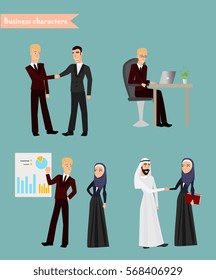 Arab Business People Meeting Discussing Office Desk Muslim Arabic Businesspeople Working Flat Vector Illustration