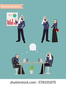 Arab Business People Meeting Discussing Office Desk Muslim Arabic Businesspeople Working Flat Vector Illustration