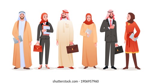 Arab Business People Vector Illustration Set. Cartoon Saudi Businessman And Businesswoman Characters Collection, Man Woman Wearing Muslim Clothes, Corporate Team Standing Together Isolated On White