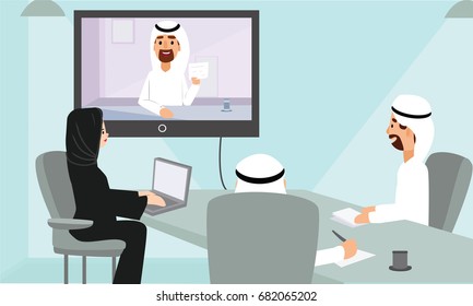 Arab business people web conference meeting in office. Corporate people looking at screen. Video Conferencing  Concept Illustration Vector.
