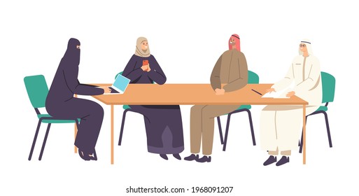 Arab Business Team Board Meeting with Partners in Office. Male and Female Characters Communicating Sitting at Desk, International Partnership and Collaboration. Cartoon People Vector Illustration