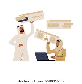 Arab Business Team Developing A Website In Flat Vector Illustration Symbolizing Web Design, Digital Marketing, Corporate Growth, And Online Presence, Isolated On White Background