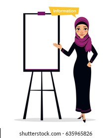 Arab business woman character standing near flipchart. Business character. Vector illustration