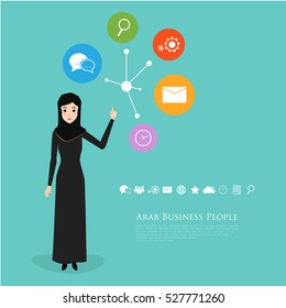 Arab business woman with communication icon infographic. Flat vector design.