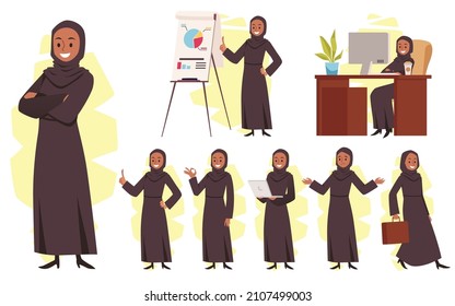 Arab business woman with hijab in different poses in the office, flat vector illustration isolated on white background. Set of muslim character with various emotions holds laptop and flipchart.