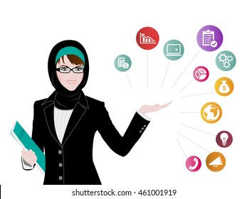 Arab Business Woman holding a file surrounded with colorful business icons. Vector salable to any size. Great for using in business presentations.
