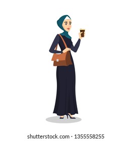 Arab business woman. Lady in hijab standing with bag and coffee and smiling. Muslim character. Isolated vector cartoon illustration