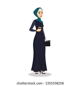 Arab business woman. Lady in hijab standing with coffee and smiling. Muslim character. Isolated vector cartoon illustration