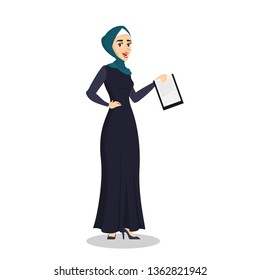Arab business woman. Lady in hijab standing and smiling. Muslim character holding clipboard. Isolated vector cartoon illustration