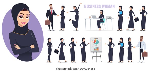 Arab business woman and arab business man character set. Working people vector flat design.