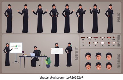 Arab Business woman or office worker character Set. Collection of character body Poses, facial gestures, Business activities and Lip syncs poses. Ready-to-use and animate, character set. Vector.