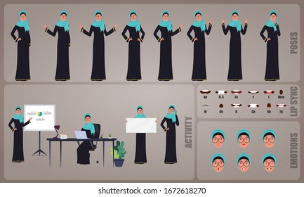 Arab Business woman or office worker character Set. Collection of character body Poses, facial gestures, Business activities and Lip syncs poses. Ready-to-use and animate, character set. Vector.