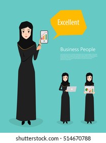 Arab business woman presenting a mobile. Vector character.