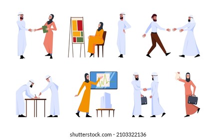 Arab business woman. Saudi girls working in traditional clothes office characters business partnership ethnic female persons garish vector flat colored illustrations