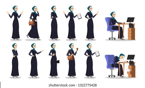 Arab Business Woman Set. Collection Of Lady In Hijab Work On Computer, Smile And Pointing Somewhere. Isolated Vector Cartoon Illustration