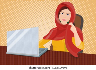 Arab Business Woman In Traditional Clothes Working At Laptop Computer Over Retro Comic Background