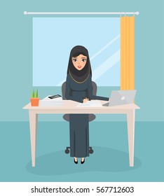 arab business woman working with laptop in office room. people character in job.