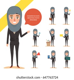 Arab business woman working at office desk character collection. Illustration vector of people design.