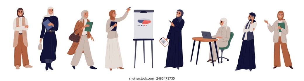 Arab business women. Office workers in Muslim robe and hijab. Different poses and actions. Presentation and negotiations. Happy businesswoman. Saudi female at work