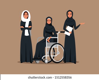 Arab business women work together with disabled woman.  Muslim female employees wearing hijab and black abaya working at office. Vector illustration. 