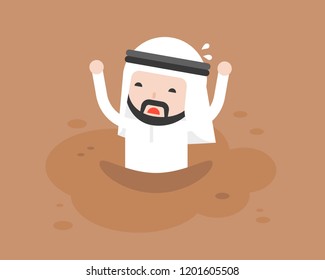 Arab Businessman asking for help because he was trapped in quicksand like mud, flat design