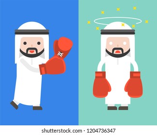Arab Businessman with boxing gloves, starting fight and dizzy, ready to use character, flat design