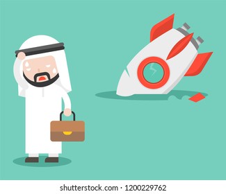 Arab Businessman with broken rocket vector, flat design, unsuccessful concept